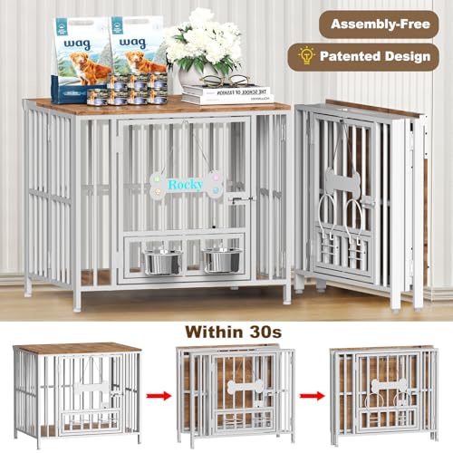 27" Foldable Dog Crate Furniture (White & Beech / 27.6"L x 20.5"W x 23.6"H)