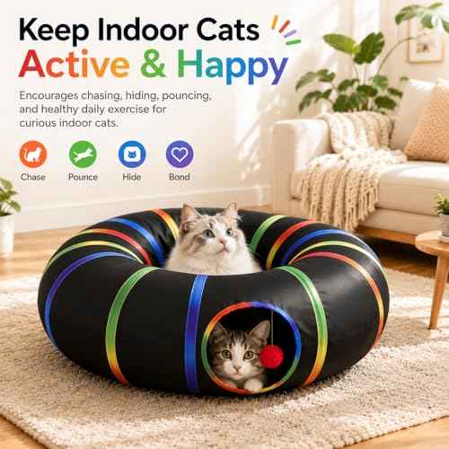 Cat Tunnel Toy with Plush Ball & Cat Wand Feather Toys (1 Pack - Round Tunnel / Black)