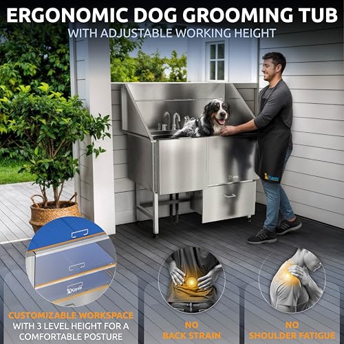 Professional Dog Washing Station 304 Stainless Steel Pet Wash Sink (Silver, Left Ramp, 1 Drawer / 50 Inches)