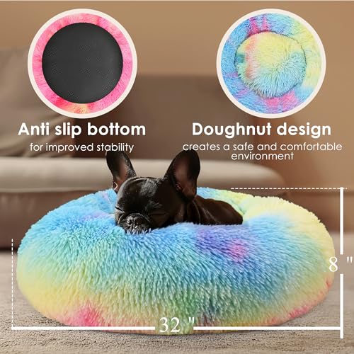 Dog Beds Large Sized Dog and Cats (Rainbow / 32.0"L x 32.0"W x 8.0"Th)