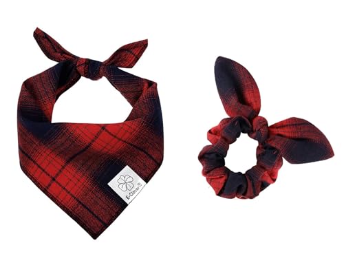 Christmas Red Dog Bandanas Matching Dog Bandana and Scrunchie (Black,Golden / Small)