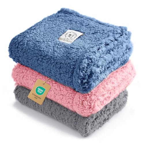 3 Pack Soft Sherpa Fleece Blankets for Dogs Cats Puppies (Medium (Pack of 3) / Hazeblue/Pink/Grey)