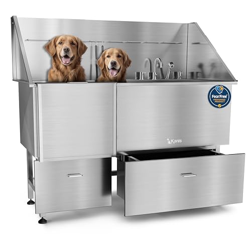 Professional Dog Washing Station 304 Stainless Steel Pet Wash Sink (Silver, Left Ramp, 2 Drawer / 61 Inches)