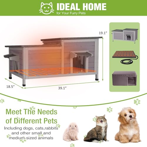 Large Heated Cat House Outdoor Insulated Cat House Weatherproof Feral Cat Shelter with Thermostat
