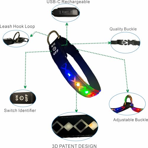 LED Dog Collar with AirTag Holder and Custom ID Tag (BLUE Pro / L(15.7-19.7"))