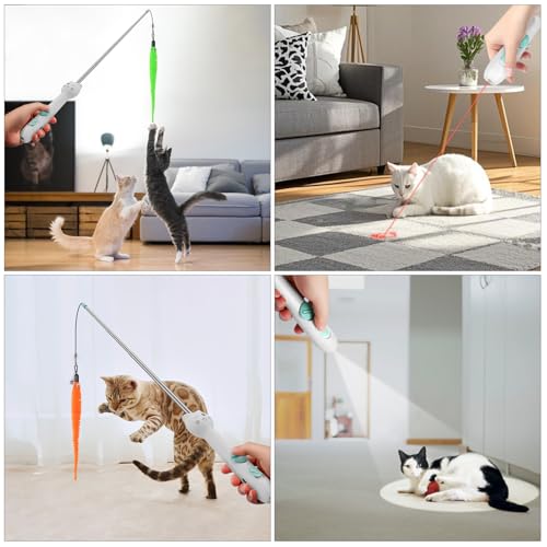Cat Toys Retractable Pole Wand Toy with Feather for Indoor Cats (1pc red light with fish pole)