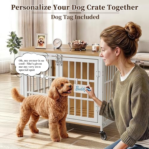 Heavy Duty Dog Crate Furniture with Personalized Name Tag (White / 26.8"L x 20.9"W x 23.2"H)