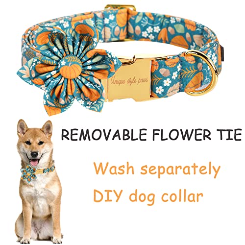 Halloween Dog Collar with Flower Tie Pumpkin Cotton Collar Adjustable Puppy Collar for Small Medium Large Dogs (Medium / B-Green pumpkin)