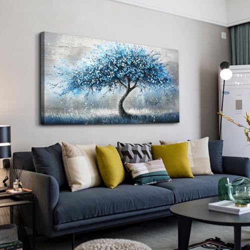 Wall Art Prints Abstract Canvas Painting Blue Tree Picture Panoramic Landscape Artwork Office Decor Modern Poster Ready To Hang Framed For Living Room Bedroom Home Decorations Wall Decor (48"L x 24"W / Blue Tree)