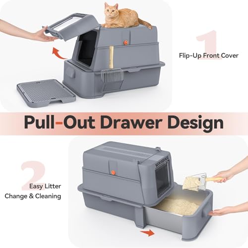 Enclosed Stainless Steel Cat Litter Box with Odor Control (Dark Grey)