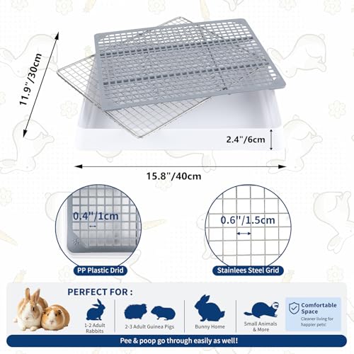 Low Entry Rabbit Litter Box Training Tray with Large Steel Grids (14.6x12x2.6"(40x30x6cm) / 0.5" Stee Grids + 0.4" PP Grids)