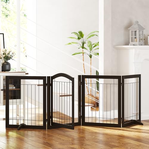 Freestanding Foldable Dog Gate Indoor with Door (Espresso / 【4 Panels with Door】96"W x 30"H)