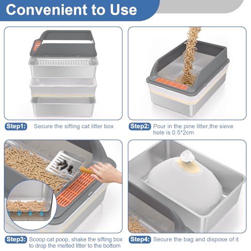Stainless Steel Sifting Litter Box with Lid (XXL:23.6''×15.7''×12'')
