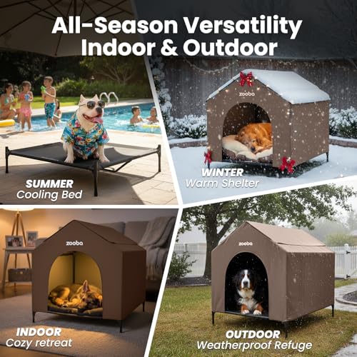 42" 2-in-1 Dog House for Medium Dogs, Elevted Dog House Outdoor/Indoor, Puppy Shelter Outside,Water Resistant 600D PVC and Durable 2x1 Textilene Raised Dog Bed(Brown) (X-Large: 42inch)