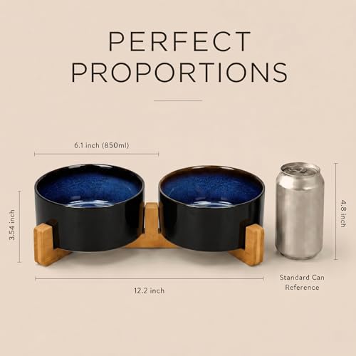 Ceramic Dog and Cat Bowl Set with Wooden Stand (3.6 cups / Starry Blue × 2)