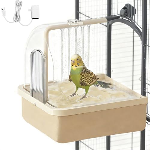 Bird Bath for Cage Clear Automatic Pump Parrot Shower for Parakeets Finches (Light brown)