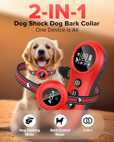 2-in-1 Dog Shock Collar & Bark Collar – 3300FT Dog Training Collar with Remote, Automatic Anti-Barking, 5 Adjustable Sensitivity Levels, IP67 Waterproof E-Collar for Small Medium Large Dogs (Red)