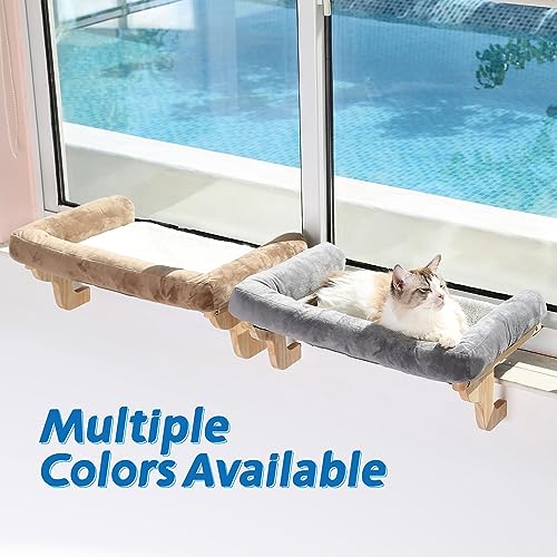 Cat Perch for Windowsill with Bolsters (Natural Color Wood with Brown Bed / 26.4''L x 15''W)