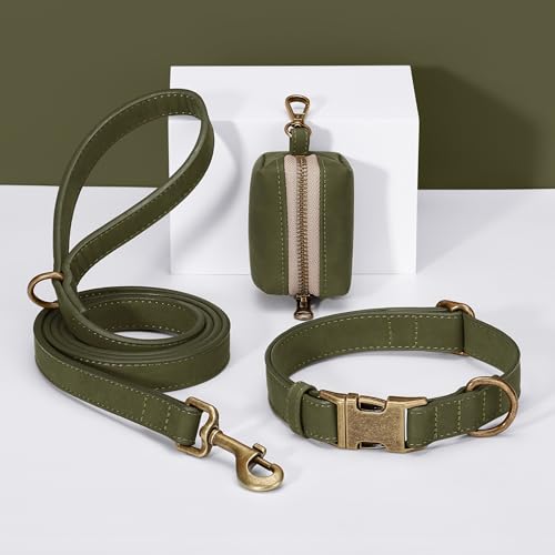 Soft PU Leather Dog Collar for Small Dogs (S：Fit 10-15" Neck, Width ⅝" / Dark Green)
