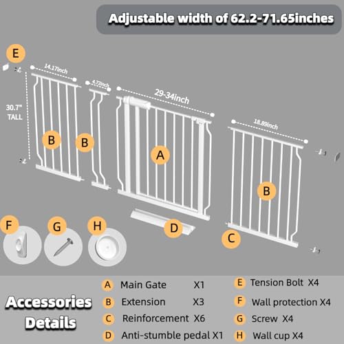 62.2 71.65 Inch Extra Wide Baby Gate for Indoor Stairs and Doorways (White / 62.2"-71.65")