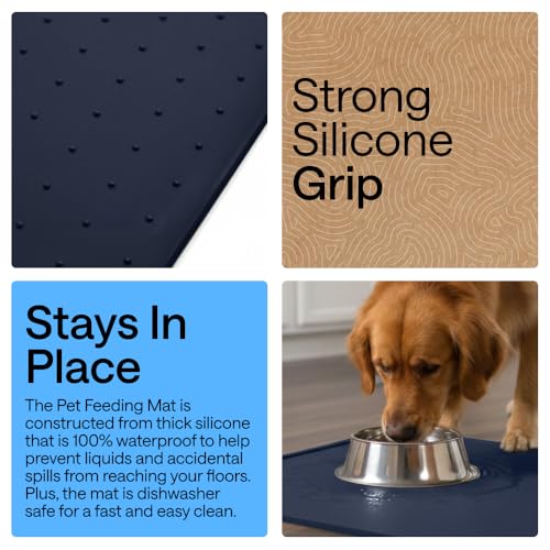 Dog Food Mat 100% Waterproof Silicone (Navy / 23"l X 15"w)