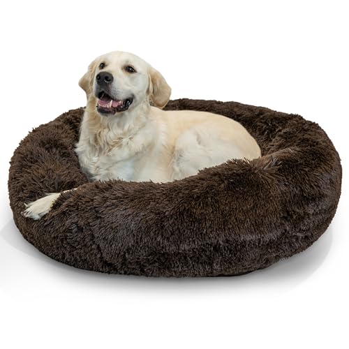 The Original Calming Donut Dog Bed for Large Dogs up to 100 lbs (Dark Chocolate Shag / Large)