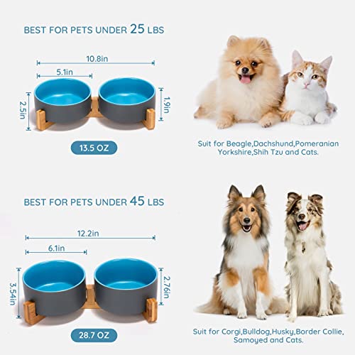 Ceramic Dog and Cat Bowl Set with Wooden Stand (1.7 cups / Blue-Grey × 2)