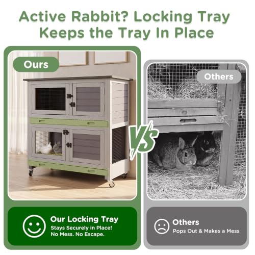 Rabbit Hutch with Trap Door Indoor Rabbit Cage with 4 Casters Bunny cage 2 Story & 2 Trays Guinea Pig Cage 36 inchs Bunny Cage (Grey-AIR77)