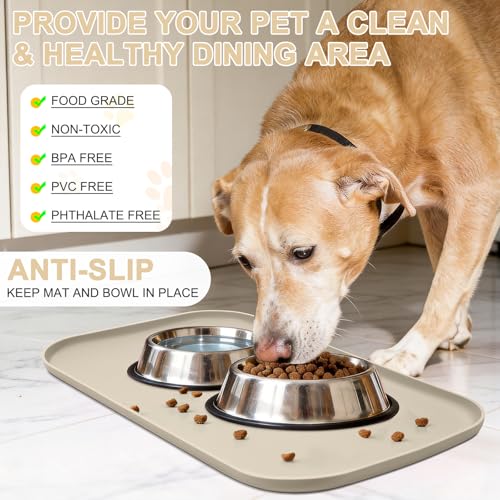 Waterproof Silicone Pet Food Mat with Raised Edge for Dog & Cat (Beige / 22"L x 14"W)