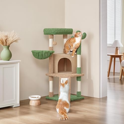 42in Brown Cactus Cat Tree Tower with Scratching Posts and Condo (Brown/Green)