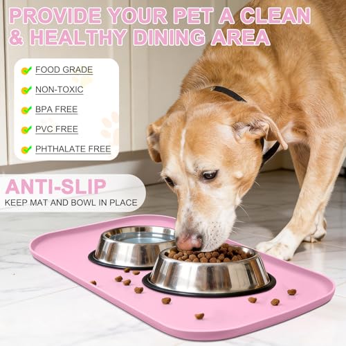 Waterproof Silicone Pet Food Mat with Raised Edge for Dog & Cat (Pink / 19"L x 12"W)