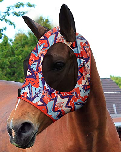 Super Comfort Stretchy Fly Mask Large Eye Space with UV Protection Soft on Skin with Breathability Orange Geo Print S (S / Orange Geo Print)