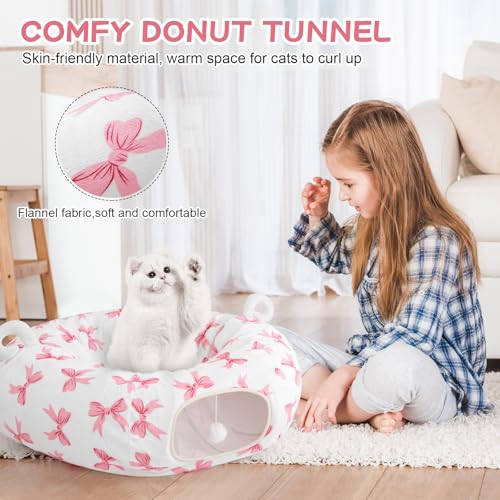 Cat Tunnel with Cat Bed for Indoor Cats (Pink)