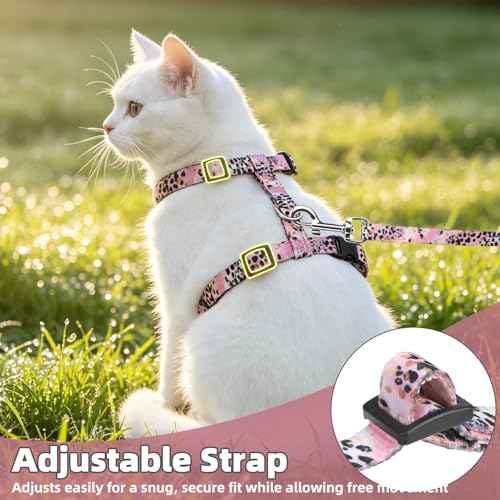 Adjustable Cat Harness and Leash Set Escape Proof Kitten Strap Collar for Walking Travel (Small / Pink(Leopard Print))
