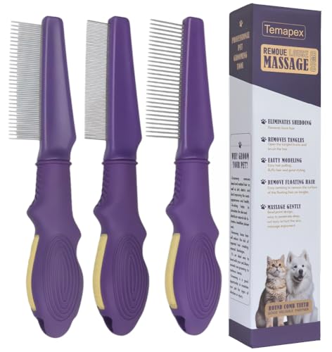 3PCS Pet Comb for Grooming Long & Short Haired Cats & Dogs With Stainless Steel Metal Teeth for Removes Tangles & Flea (Pet Detangling Comb + Flea Comb + Grooming Comb)