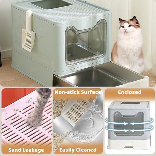 Enclosed Cat Litter Box with Lid Top Exit Covered Metal Stainless Steel Litter Box Leak Proof & Odorless Easy to Clean Including Cat Litter Scoop and Litter Mat (Blue / One Size)