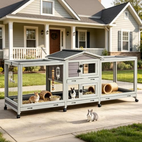 Bunny Cage and Outdoor Rabbit Hutch with Casters Waterproof Roof