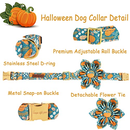 Unique styleUnique Style Paws Halloween Dog Collar with Flower Tie Pumpkin Cotton Collar Adjustable Puppy Collar for Small Medium Large Dogs (Extra Small / B-Green pumpkin)