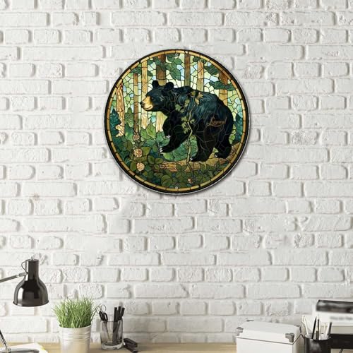 Metal Sign Tin Sign Circular Stained Glass American Black Bear Minimalist Wall Art for Garage 8×8 Inches (8×8 Inches / American Black Bear-1)