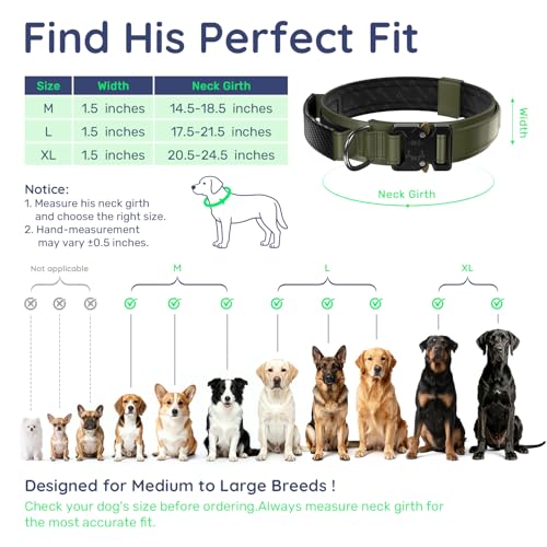 Premium Tactical Dog Collar (Army Green / M: Fits Neck 14.5"-18.5")