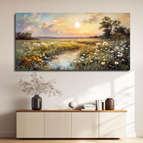 Large Canvas Wall Art for Living Room Wall Decor Bedroom Vintage Farmhouse Wildflower Wall Painting Office Decorations Nature Landscape Picture Artwork Aesthetic Home Decor Ready To Hang (60"L x 30"W / Rural Scenery)