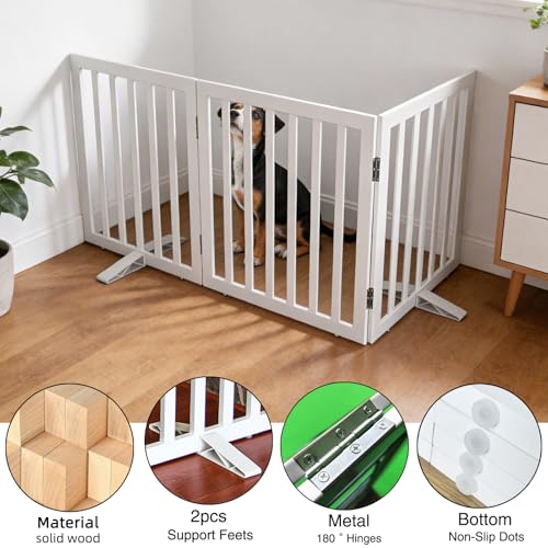 Freestanding Indoor Dog Gate for House Foldable Wood White Puppy Gate for Doorways Pet Gate for Stairs Extra Wide Pet Fence 32" Height 3 Panels (White / 【3 Panels】60''w x 32''h)