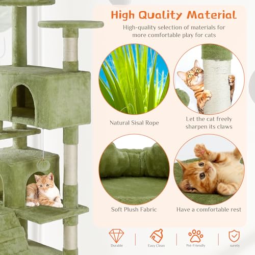 54 Inch Cat Tree Tower with Natural Sisal Scratching Post (Green / 54IN)