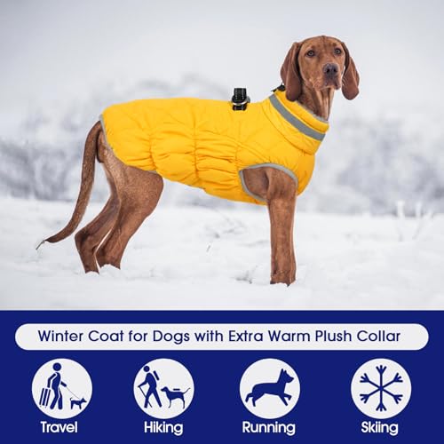 Dog Winter Coat Fleece Warm Large Dog Coat with Harness Built in (Yellow / L(chest:24in))