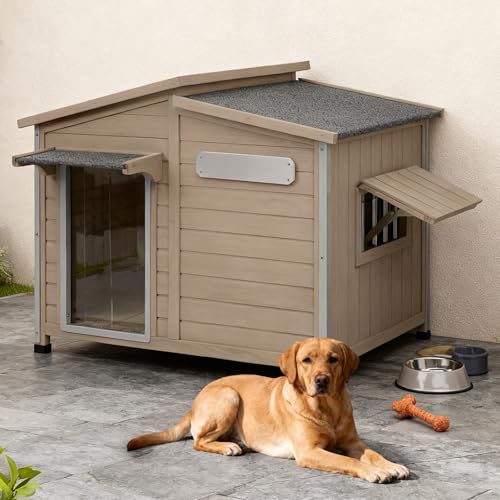 Outdoor Wooden Dog House for Small & Medium Dogs (Grey / 43.5"D x 29.5"W x 33.5"H)