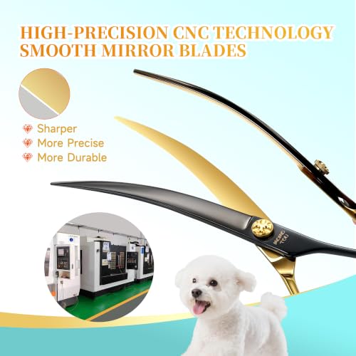 45° Super Curved Dog Grooming Scissors 7.5" CNC 440C Blades (Black&gold)