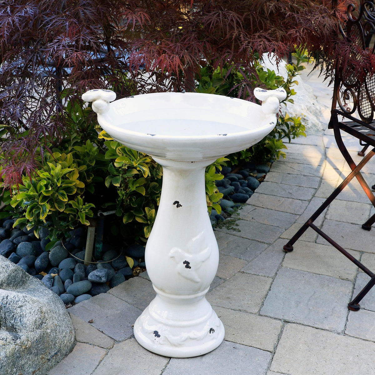25" Tall Outdoor Antique Ceramic Birdbath with 2 Bird Figurines (brown)