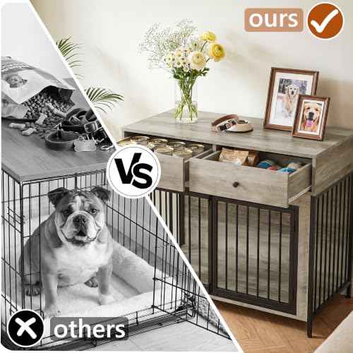 44 Inch Large Dog Crate Furniture with 2 Storage Drawers (New Grey / 44.5"L x 23.6"W x 34.5"H)