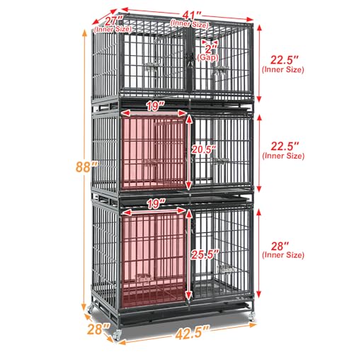 3 Tiers 43" Heavy Duty Dog Crate Bank with Wheels (42.5"L x 28.0"W x 88.0"H)