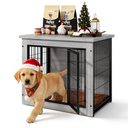 Wooden Dog Crate Furniture with Thick Cushion (S(27.3" x 20.1" x 23.7") / Grey)